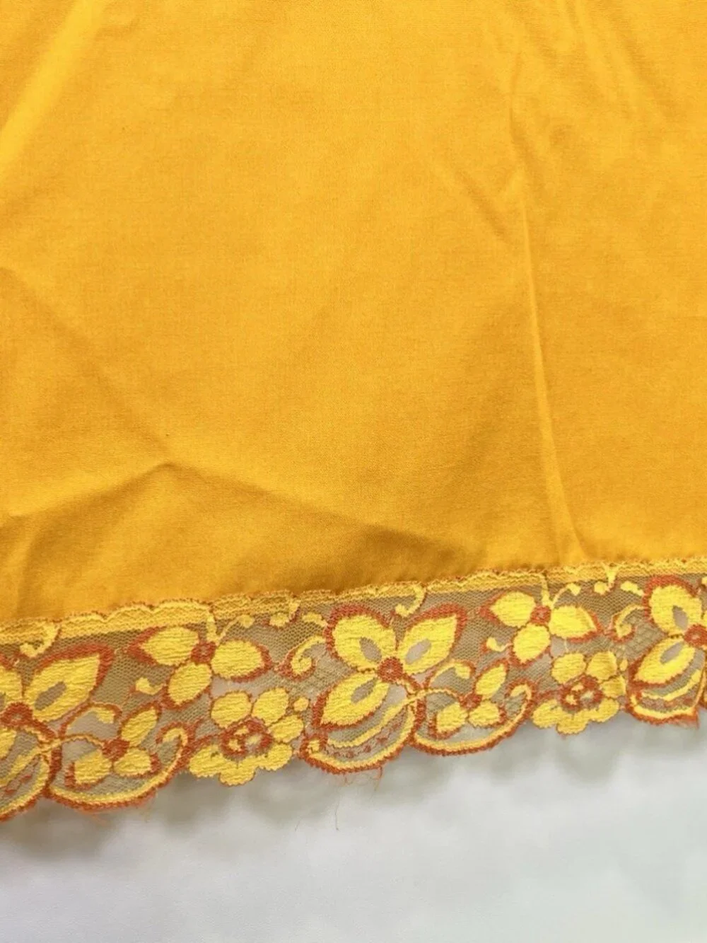 Vintage 70s Orange Mid Century Textile Panel Floral Lace Trim Retro Fabric MCM